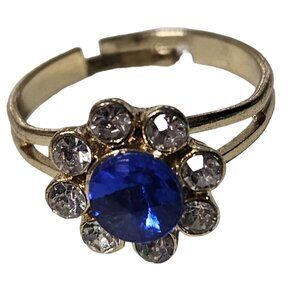 Elegant Vintage Floral Gemstone Ring Blue Clear Gems Gold Tone Retro  Jewelry